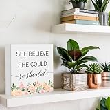 Wooden Box Sign with Motivational Saying- She Believed She Could, Wooden Plaque Decorations for Home Office Desk Shelf, New Job Gift Congratulation Gifts for Women, Promotion Gift for Coworker, 5x5 Inch