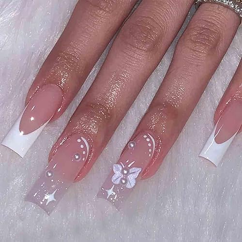 Miniatura 1 de Uñas postizas a presión con punta francesa, uñas acrílicas cuadradas con perlas, uñas blancas para mujer