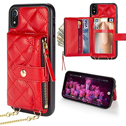 LAMEEKU Wallet Case Compatible with iPhone XR, Crossbody Wallet Case wth Card Holder Handbag Case with Strap for Women Shockproof Case for iPhone XR 6.1'', Red