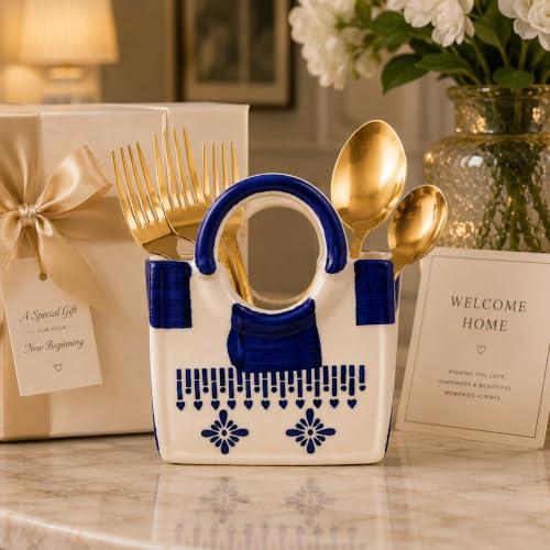 Image of Ceramic Utensil Holder, White Kitchen Organiser, Cutlery Set Holder (Blue Floral)