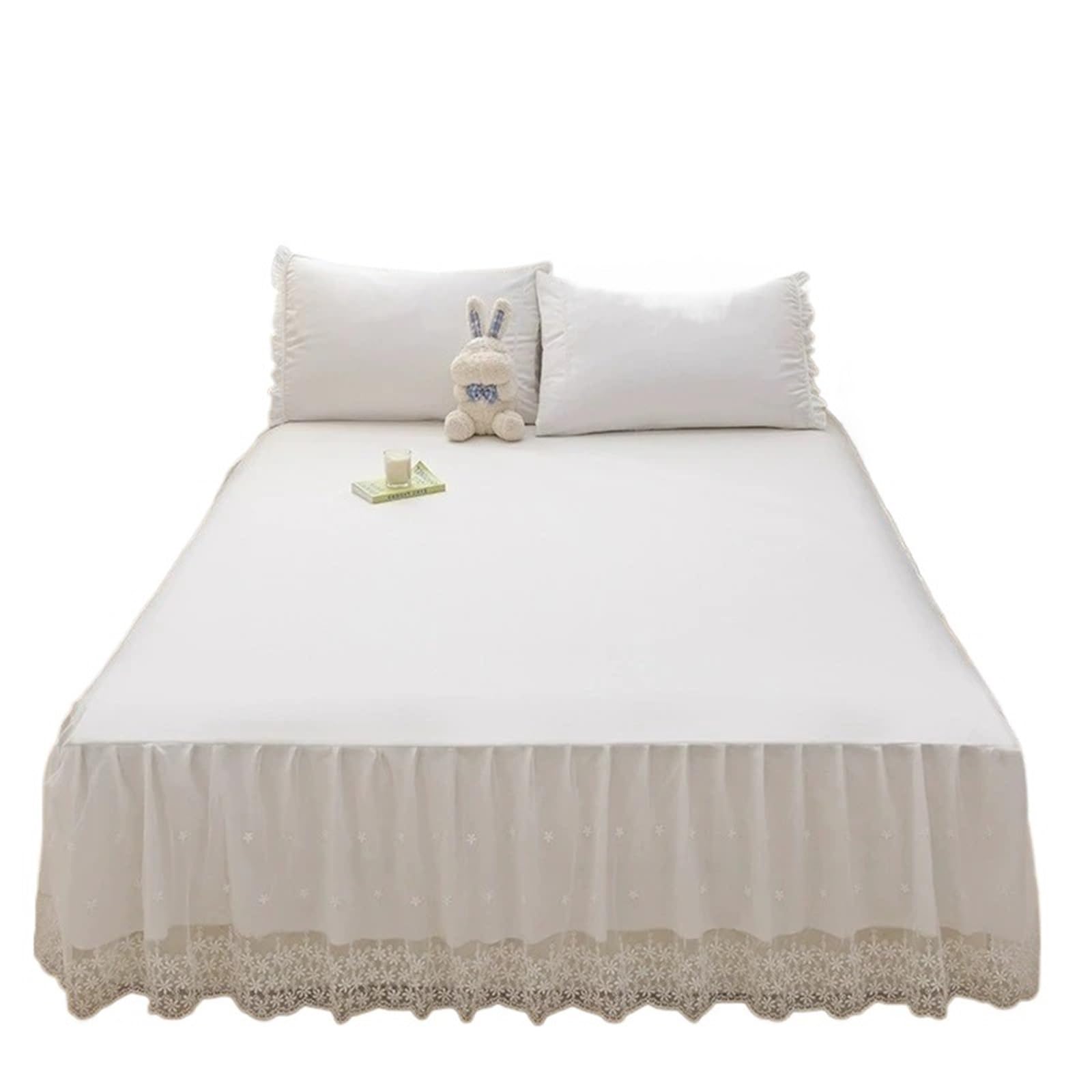 Ruffled Bed Skirt Pink Elegant Princess Bed Skirt Lace Ruffles Design Single Layer Cover Soft Skin-friendly Bedding Copriletti In Pizzo(White,1PC-150x200cm)