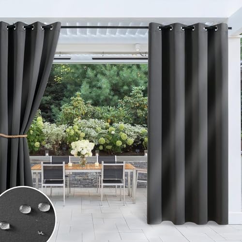 Vueinrg Cortinas Exterior Impermeable con Anillos,Cortinas Opacas de Exterior,Cortinas de Porche Aislamiento Térmico Protección UV para porche, pergolas de jardin y terraza -1 Pieza (132x215 cm, Gris)