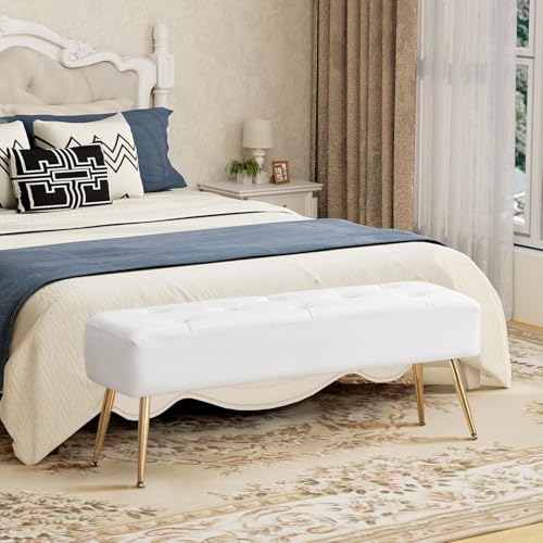 Image of Modern Upholstered Tufted with Gold Metal Legs | White Faux Leather Ottoman Upholstered for Bedroom, Living Room & End of Bed Seating | Accent Furniture with Padded Cushion Seat | White