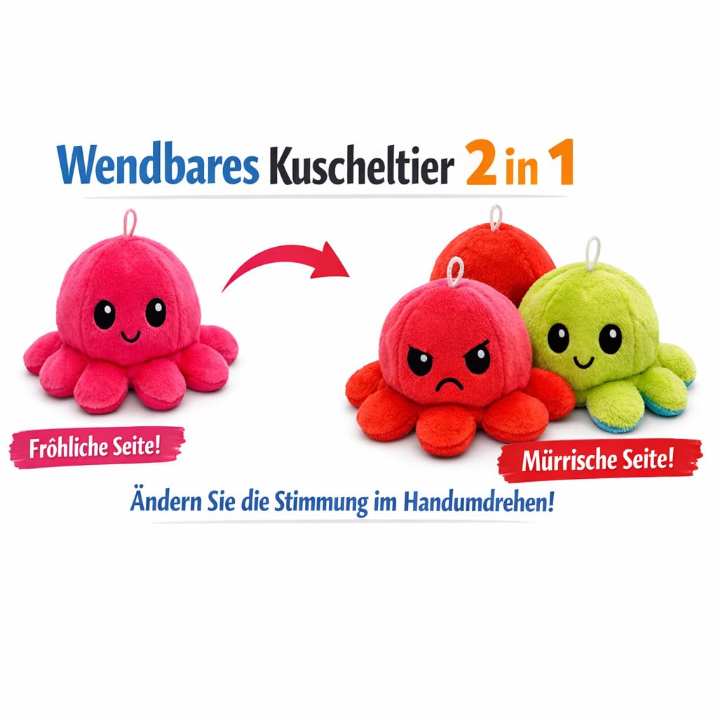USTASS Pack de 4 colores – Peluche de pulpo reversible 10 cm – Doble cara de humor feliz y gruñón con enganche – Kawaii - 3