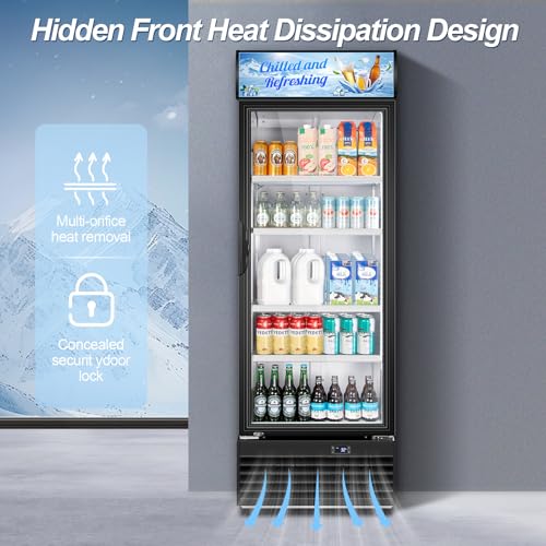 Image of Tylza Commercial Refrigerator with Glass Door Display Beverage Fridge, 11.15 Cu Ft Upright Beverage Cooler Merchandiser with Replaceable Advertising Light Board, Rebound Door, Fast Cooling, Black