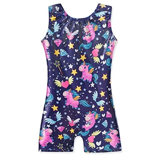 HOZIY Gymnastics Leotards with Shorts for Girls Toddlers Kids Biketard Tumbling Outfits Sparkle Unicorn Leopard Galaxy 4-5T Purple Unicorn