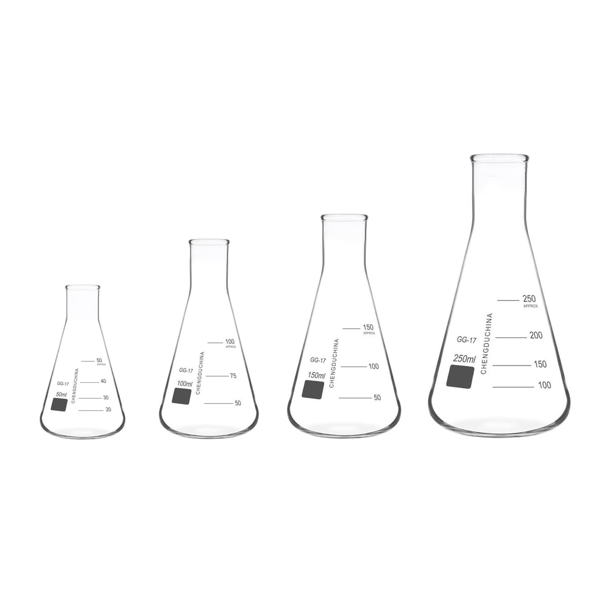 Zestaw kolb Erlenmeyera ze szkła borokrzemianowego z wąską szyjką, 4 rozmiary do eksperymentów w laboratorium naukowym - 1 opakowanie(50ml 100ml 150ml 250ml flask)