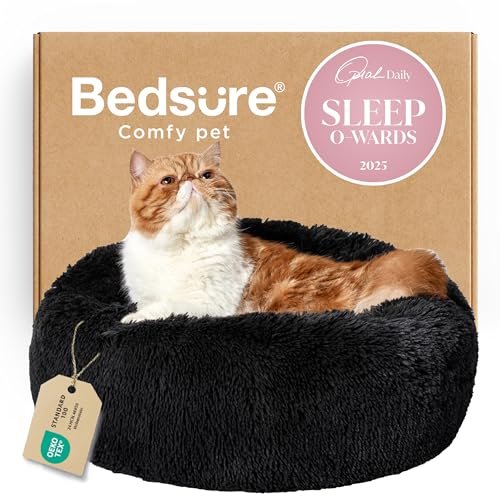 Image of Bedsure Calming Cat Beds for Indoor Cats - Small Cat Bed Washable 20 inches, Anti-Slip Round Fluffy Plush Faux Fur Pet Bed, Fits up to 15 lbs Pets, Black | Fluffy Faux Fur Cuddler,Machine Washable,Anti-Slip Bottom,Anti-Anxiety,Deep Sleeping for Cats&Small Pets Up to 15 Lbs