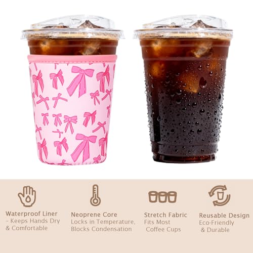 Image of Reusable Insulated Sleeve for Iced Coffee Cup, Coffee Neoprene Sleeve for Cold & Hot Drinks, Beverage Holder for Iced Coffee (Pink Bows, Large: 32oz)