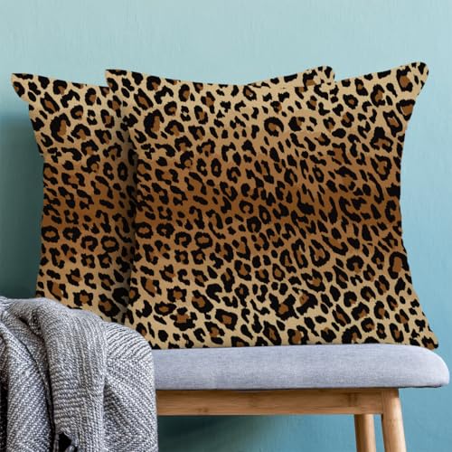 Sorktse Brown Leopard Print Pillow Covers 18x18 Set of 2 Inch Beige Cheetah Animal Skin Print Throw Pillow Covers Outdoor Modern Pillowcases Decor for Home Sofa Living Room Bedroom Linen Cushion — view 2