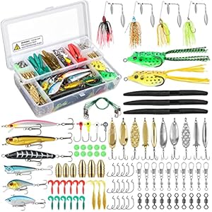 PLUSINNO Lot de 102 leurres artificiels avec stickbait, wobbler, vers, hameçons, grenouilles, clignotants et autres…