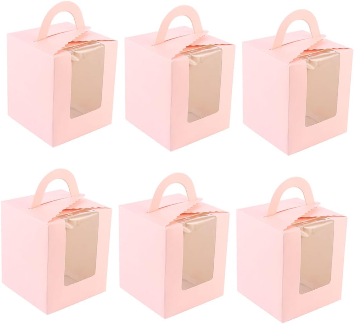 BESTonZON Single Portable Paper Cupcake Boxes with Handle and Window, Pink Baking Muffin Containers for Party Cake Storage, 50pcs Pack