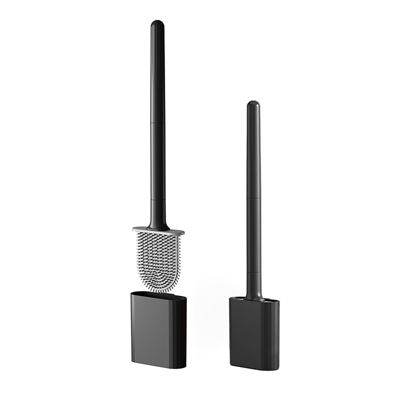 Silicone Toilet Brush with Quick Drying Holder Set- Flat Toilet Bowl Brush for Deep Cleaning, Flexible Anti-Drip Head, Toilet brush with No-Slip Long Handle,Wall Mounted or Floor Standing Base, Black