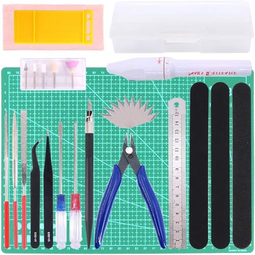 プラモデル工具キット ベーシックツールセット 薄刃ニッパー・研磨機・A4カット板付き29点モデルツールセット - モデル組み立て・彫刻・研磨に最適（収納ケース付）