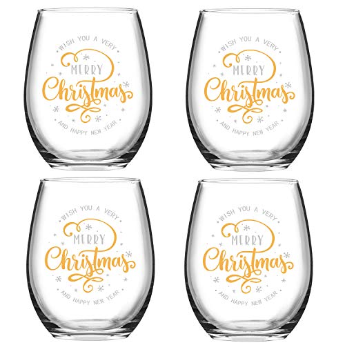 Wish You A Merry Christmas and Happy New Year Stemless Wine Glass Set, Stemless Wine Glasses for Women Friends Men Christmas Wedding Party, Set of 4