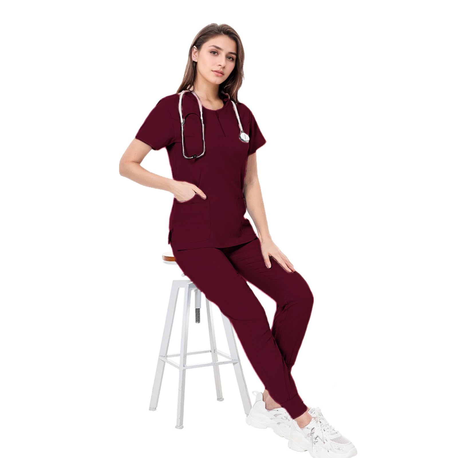 Conjunto de uniformes médicos de enfermera con cuello redondo y 4 bolsillos, pantalón ajustado y elástico DK07