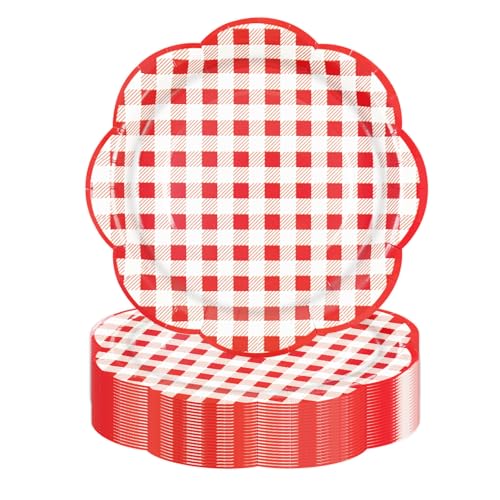 50Pcs Red Gingham Paper Plates 7Inch, Red and White Scalloped Plates Disposable Cake Dessert Dinner Plate for Baby Shower Wedding Birthday Party Decorative Supplies