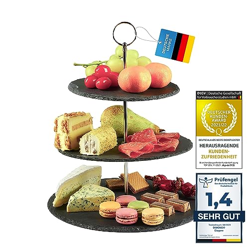 Dimono® Etagere Premium Servier-Ständer 3-Etagen; Servier-Tablett aus echten Schiefer-Naturstein für Desserts, Kuchen, Käse, Wurst...