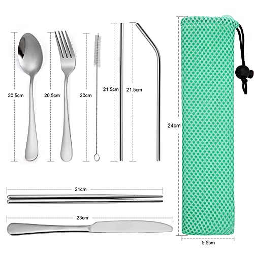 Cibeat 9-delige Bestekset Draagbare Herbruikbare Reisset Campingbestekset Hoogwaardig Roestvrij Staal met Groene… - Image 3
