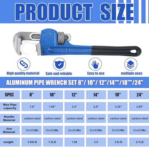 Gisafai MUL-GISAFAI-16011 6 Pack Straight Pipe Wrench Plumber Wrench Heavy Duty Aluminum Wrench Set 8 Inch 10 Inch 12 Inch 14 Inch 18 Inch 24 Inch Adjustable Water Pipe Wrench Set Alloy Steel Plumber'S Wrench Plumbing Tools thumb #1