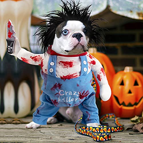 Deadly Dog Clothes Dog Costume Halloween Costumes For Dogs, Adjustable Dog Cosplay Costume Funny Doll Wig Pug Dog Party Clothes Christmas Costume, Dog Deadly Costume With Blood Knife #TOP5
