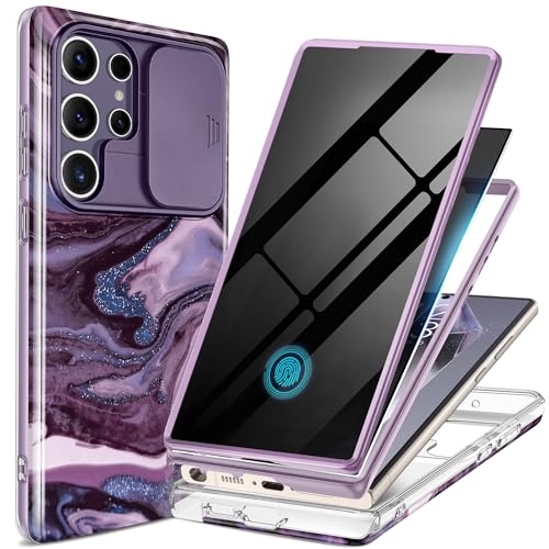 Image of GVIEWIN for Samsung Galaxy S24 Ultra Case, [Slide Camera Cover & Built-in Anti-Spy Privacy Screen Protector] [2 Front Frames] Shockproof Military Grade Marble Phone Case for S24 Ultra 6.8 inch(Quicksand)