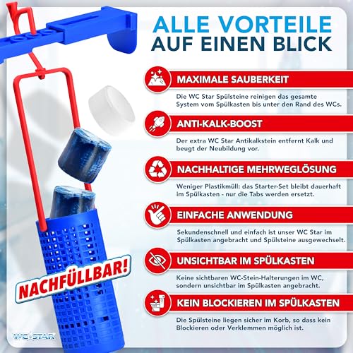 WC-Star Nachfüll-Set für Sauberkeit und Frische vom Spülkasten bis ins WC | 8 blaue Aktiv-Frische-Tabs und 4 Anti-Kalk-Boost Steine | Frische und Reinheit ohne blockierte Wasserzuläufe