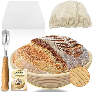 Walfos Okrągły zestaw banneton Proofing Proofing Basket kosz na chleb na zakwasie w stylu francuskim, 100% naturalny rattan ręcznie wykonany lamba, skrobak do ciasta i lniana bielizna w zestawie