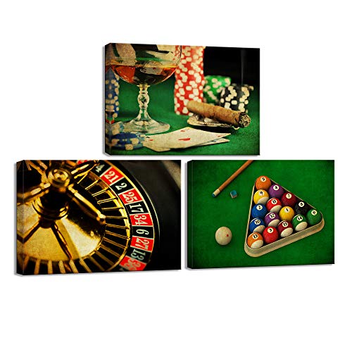 Levvarts 3 Piece Canvas Wall Art Vintage Poker Roulette Wheel Billiards Pictures Casino Game Poster Print For Bar Pub Game Room Club Walls Decoration Gallery Canvas Wrapped Ready To Hang #TOP14