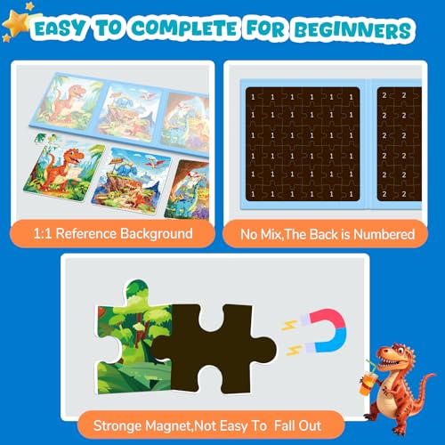 Image of Homicozy Magnetic Puzzles for Toddler Kids 3-8, Dinosaur Travel Toys | 36-Pieces Magnetic Puzzle for Kids Ages 3-5 4-6, Car Airplane Road Trip Activities, Quiet Screen-Free Game, Birthday Gifts