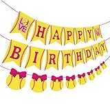 JOYMEMO Softball Themed Birthday Decorations for Girls, Happy Birthday Banner, Fast Pitch Garland Sports Player Party Supplies Pink and Yellow