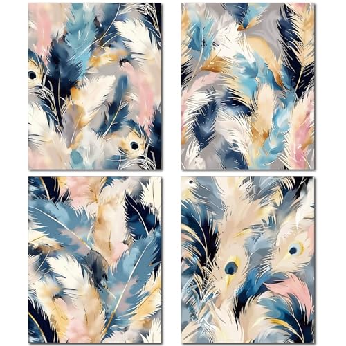 CREATCABIN 4Pcs Feather Wall Art Abstract Prints Canvas Poster Picture Wall Decorations Canvas Wall Art Fiber Oil for Home Living Room Bathroom Bedroom Office Decor 10x8Inch-Unframed