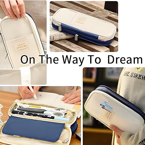 Image of Large Capacity Pencil Case Pouch, Cute Aesthetic Big Capacity Zipper Cases Pen Portable Office Stationery Makeup Bag, Desk Organizer for College Adults Women Men (Blue)