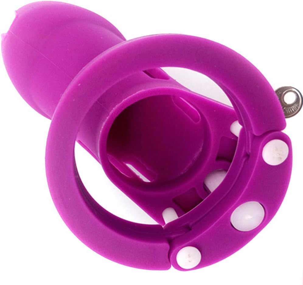 Purple Color Soft Silicone Stretchy Male Cock Cage Chastity Device with 5 Rings, Lightweight Waterproof Male Chastity Cage Device with Lock and Key Adult Sex Toy for Men - L