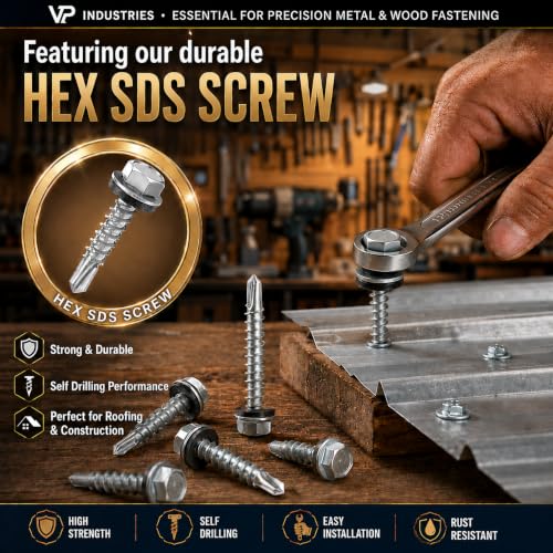 Image of By inchVP INDUSTRIES inch (Pcs-50) No.12x55 mm Hex Head SDS Self-Drilling Roofing Screw - White Zinc Metal-Bonded EPDM Washer for Metal Sheets, Wooden Structures, Roofs, Corrosion & Weather Resistant
