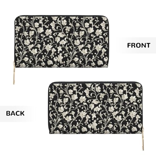 White Flowers Print Wallet Women Men, Long PU Leather Wallets for Women, Cute Womens Travel Wallet Purse Pouch with Zipper Pocket2