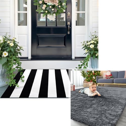 OLANLY 28 x 43 inch Black and White Striped Rug Soft Fluffy Shaggy Area Rug Size 4 x 5.9 ft in Grey, 2 Piece Set image 4