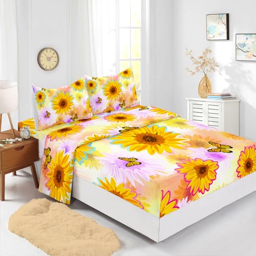 XYNHML Sunflower Flying Butterfly Sheet Twin 4Pcs Yellow Tie Dye Kid Bedding Fairy Butterfly Quilt Bed Set for Girl Boy with 1 Flat Sheet and 1 Fitted Sheet+2 Pillowcases