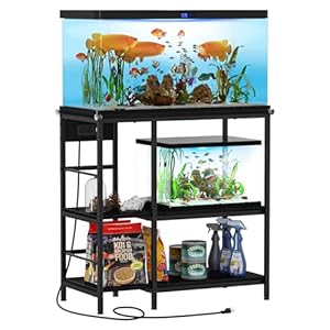 Snughome Fish Tank Stand with Charging Station, 10-29 Gallon Aquarium Stands 3-Tier, Adjustable Fish Tank Shelf for Home Heavy Duty Metal 33.07″ x 16.53″ x 32.67″, Black