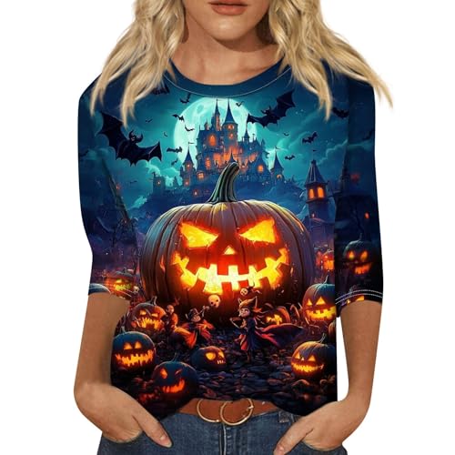 Cute Funny Halloween Shirts for Women Plus Size 3/4 Length Long Sleeve Womens Tops Witch Gothic Renaissance Shirt