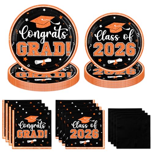 Graduation Plates and Napkins 2026 Orange Graduation Decorations 2026 200pcs Orange and Black Plates and Napkins Graduation Party Supplies for Graduation Party Decorations Serve 50
