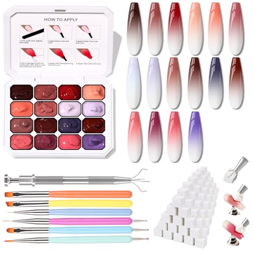 Karroy Sponges Pat Gel Nail Polish Palette, 16 Colors Blending Ombre Gel Polish Set Patting Gradient Painting Nails Art, No Wipe, UV/LED Cured, 100Sponges 6Brushes 1Grabber Tools Kit (Set 06)