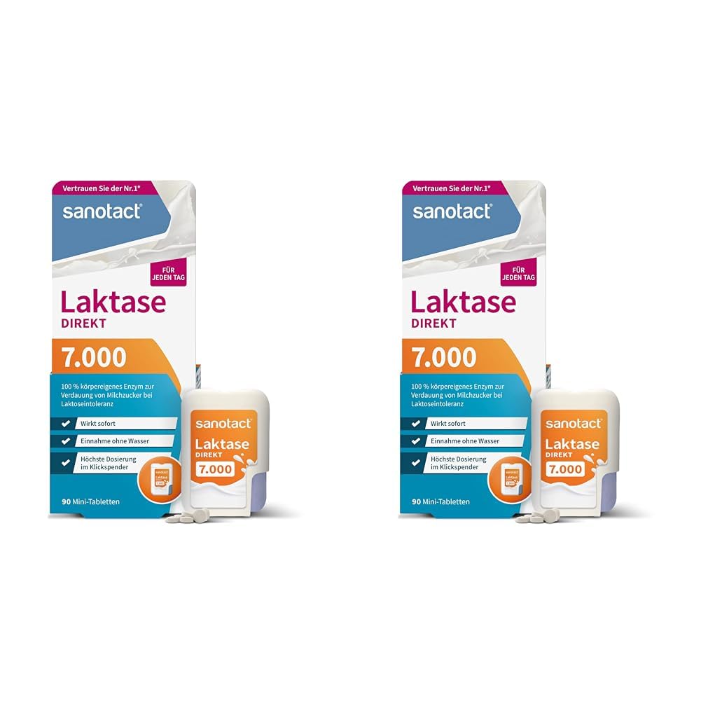 sanotact Laktase 7.000 Direkt • 90 Mini-Laktose Tabletten mit Sofortwirkung + hochdosiert • Bei Laktoseintoleranz + Milchunverträglichkeit (Packung mit 2)