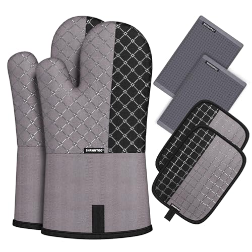 Oven Mitts and Pot Holders Sets 6pcs, Kitchen Oven Glove,High Heat Resistant 550 Degree Extra Long Oven Mitts and Potholders with Non-Slip Silicone Surface for Home Essentials (Grey) (Charcoal Grey)