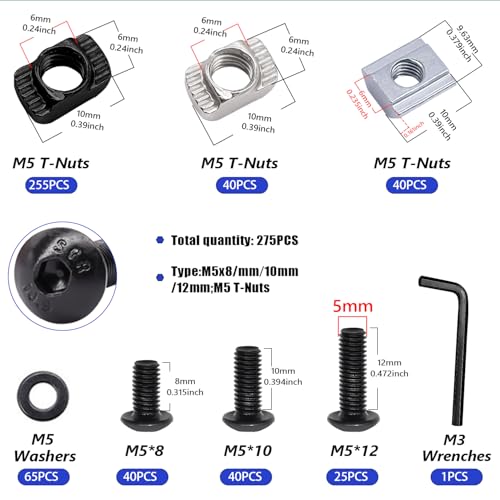 taiss 275pcs m5 t-nuts screws assortment kit for 2020 series aluminum extrusiont sliding nutbutton head socket cap head bolts and nut amp washers for mlok screws and nuts replacement with wrench