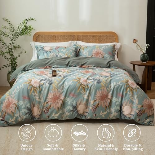 MILDLY Cal King Size Duvet Cover Set 100% Long-Staple Cotton Luxury Vintage Floral Patten Reversible Comforter Cover Set 3Pcs