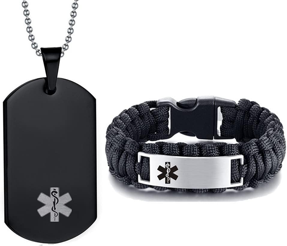 ZKXXJ Free Engraving Black Customize Medical Alert Jewelry Sets Emergency ID Tag Caduceus Bracelet Necklace Sets,Personalized Medic Jewelry for Men(Medical Alert Necklace + Bracelet)