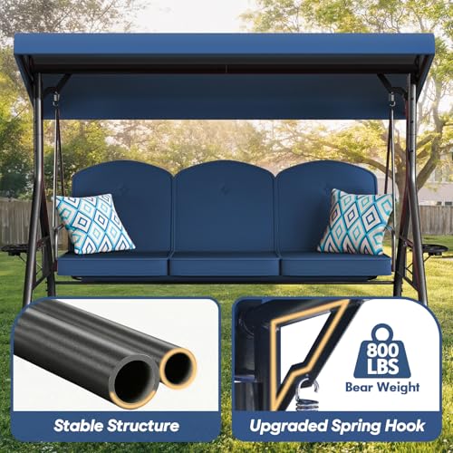 Image of ZZW 3 Seat Outdoor Porch Patio Swing with Stand 800lbs 2-in-1 Convertible Swing Bed with Adjustable Canopy & Removable Cushion for Yard Garden Deck (Blue, Round Tube)