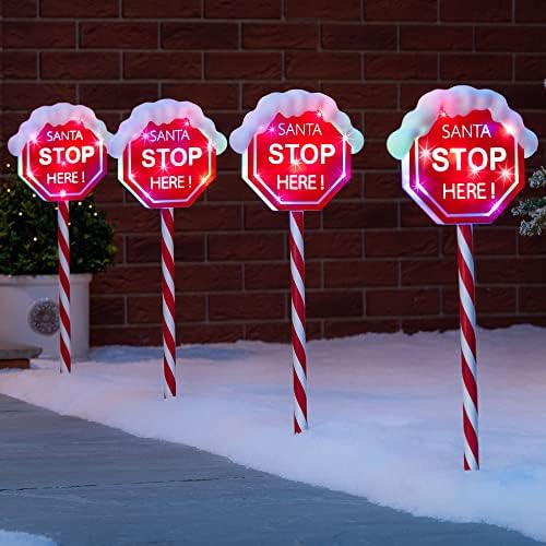 Christow Light Up Santa Stop Here Sign, Outdoor Christmas Path Stake Decorations, Flashing LED, Battery Operated with Timer (Set of 4 x 46cm)