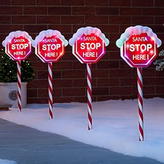 Christow Light Up Santa Stop Here Sign, Outdoor Christmas Path Stake Decorations, Flashing LED, Battery Operated with Timer (Set of 4 x 46cm)